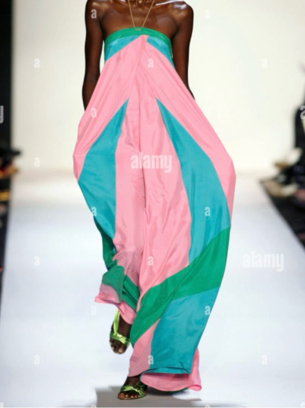 Diane Von Furstenberg Runway Strapless Pink Teal Green Colorblock Maxi Dress